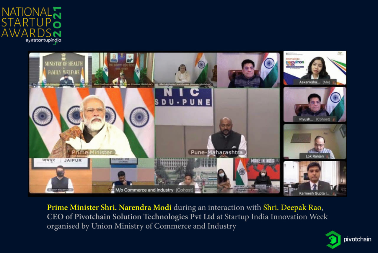 Prime Minister Narendra Modi interacting with Deepak Rao, CEO of Pivotchain, during Startup India Innovation Week